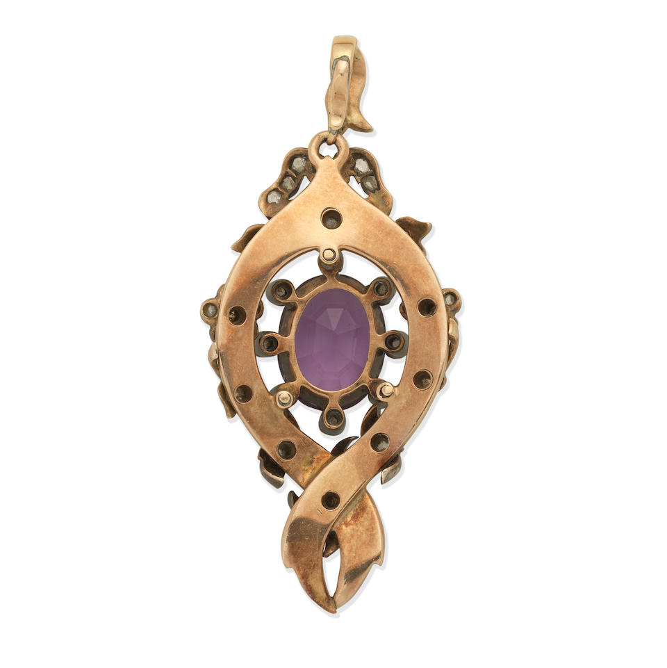 AMETHYST, DIAMOND AND GREEN ENAMEL PENDANT, - Image 3 of 4