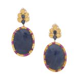 SAPPHIRE, DIAMOND AND GEM-SET PENDENT EARCLIPS