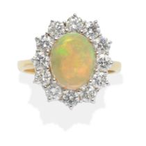 OPAL AND DIAMOND CLUSTER RING,