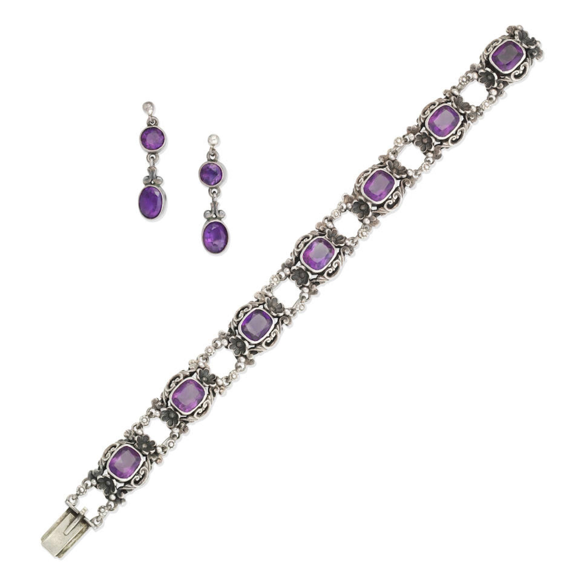 SYBIL DUNLOP: AMETHYST BRACELET AND EARRINGS, (2)