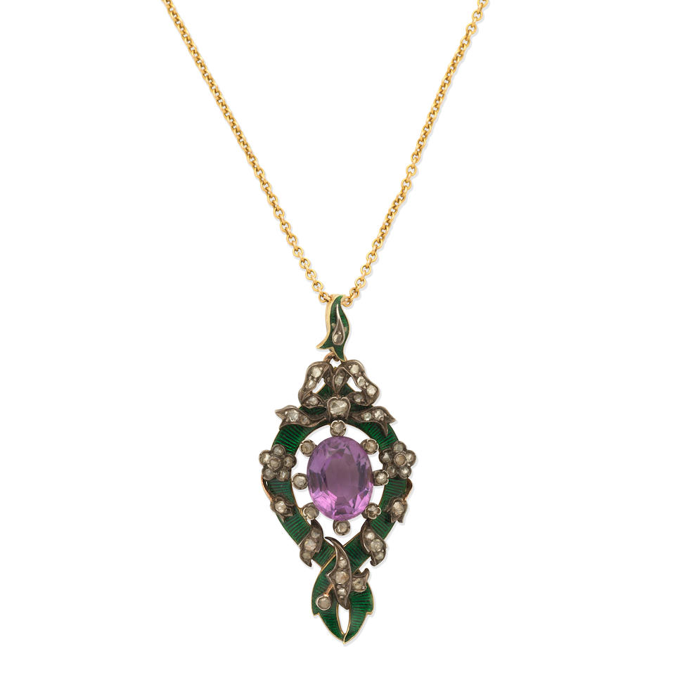 AMETHYST, DIAMOND AND GREEN ENAMEL PENDANT,