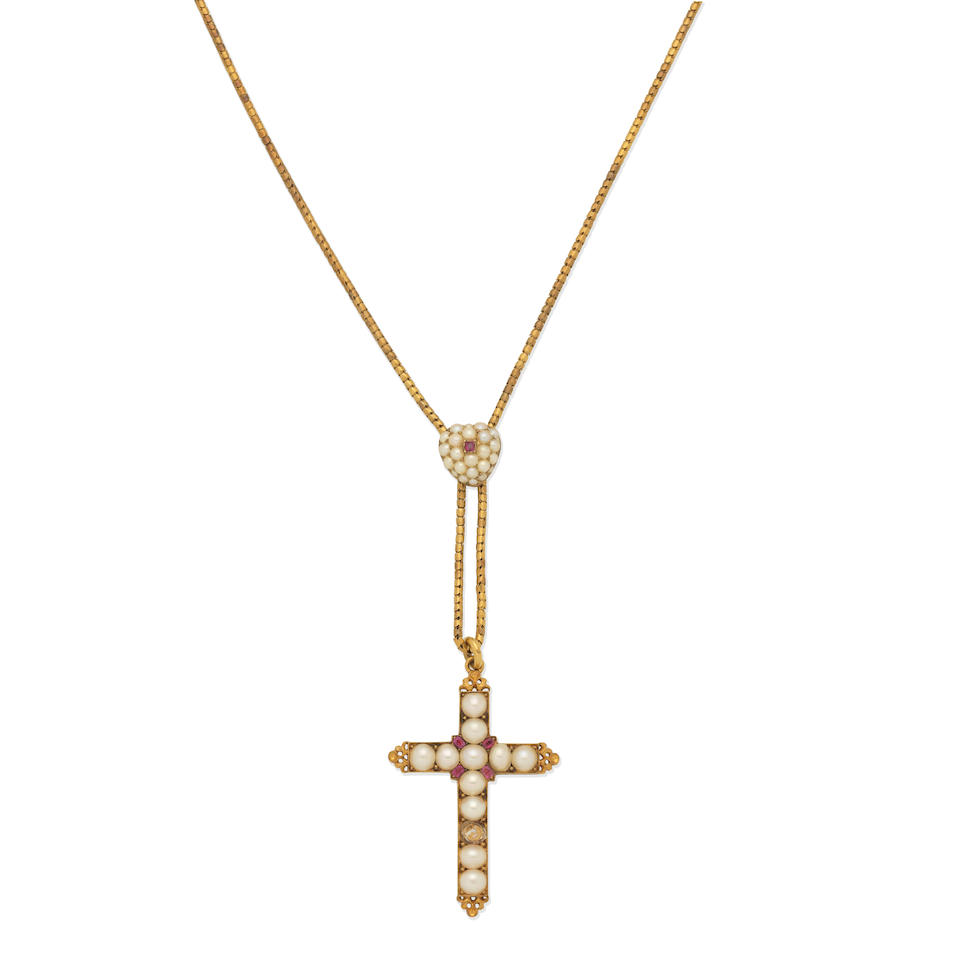 HALF PEARL AND RUBY CROSS PENDANT NECKLACE,