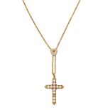 HALF PEARL AND RUBY CROSS PENDANT NECKLACE,