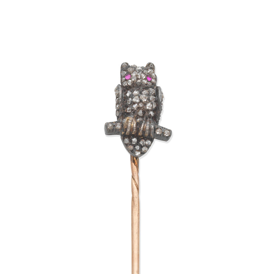 RUBY AND DIAMOND OWL STICK PIN, - Image 2 of 4