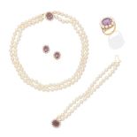 AMETHYST AND CULTURED PEARL NECKLACE, BRACELET, RING AND EARRING SUITE (4)