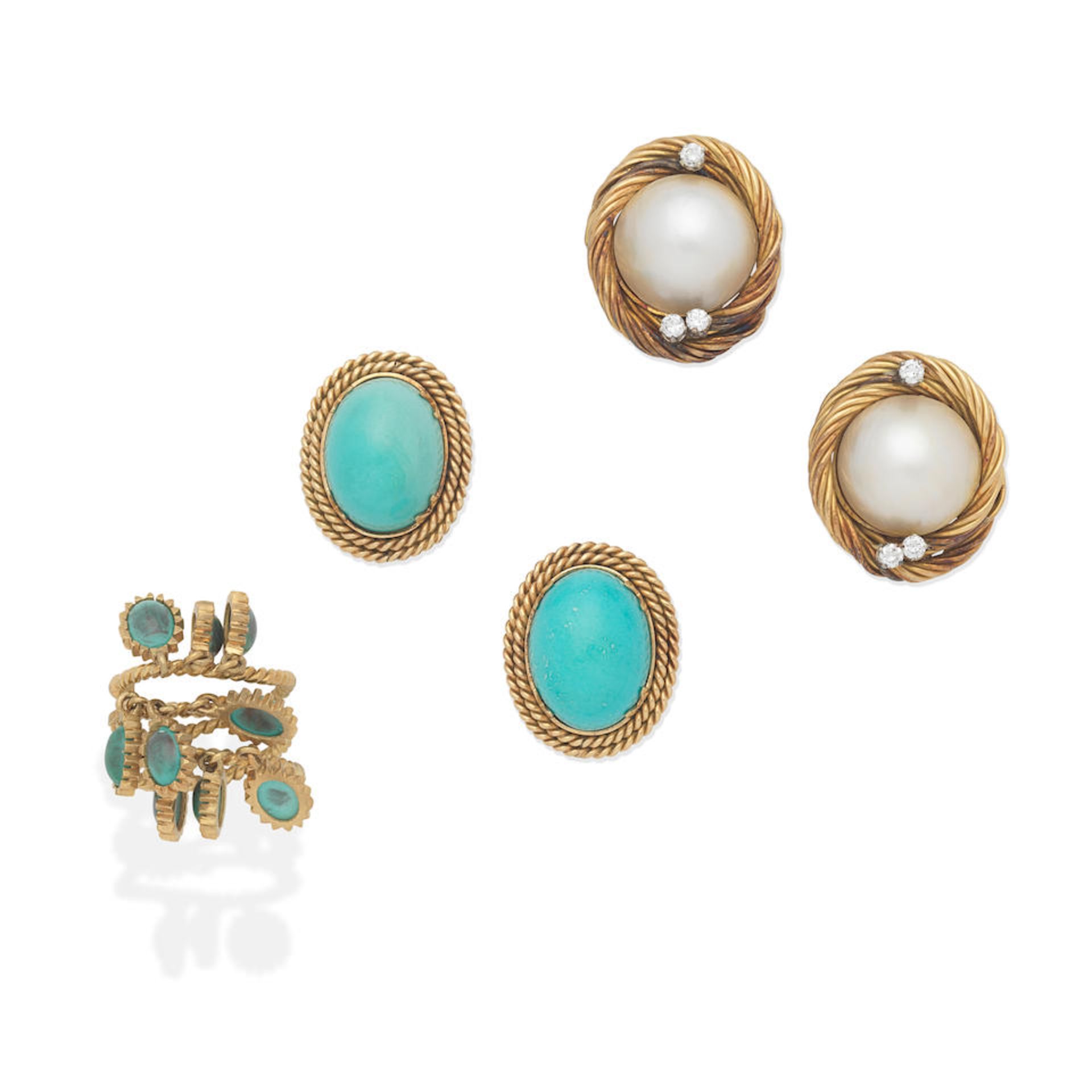 GEM-SET EARCLIPS AND DRESS RING (3)