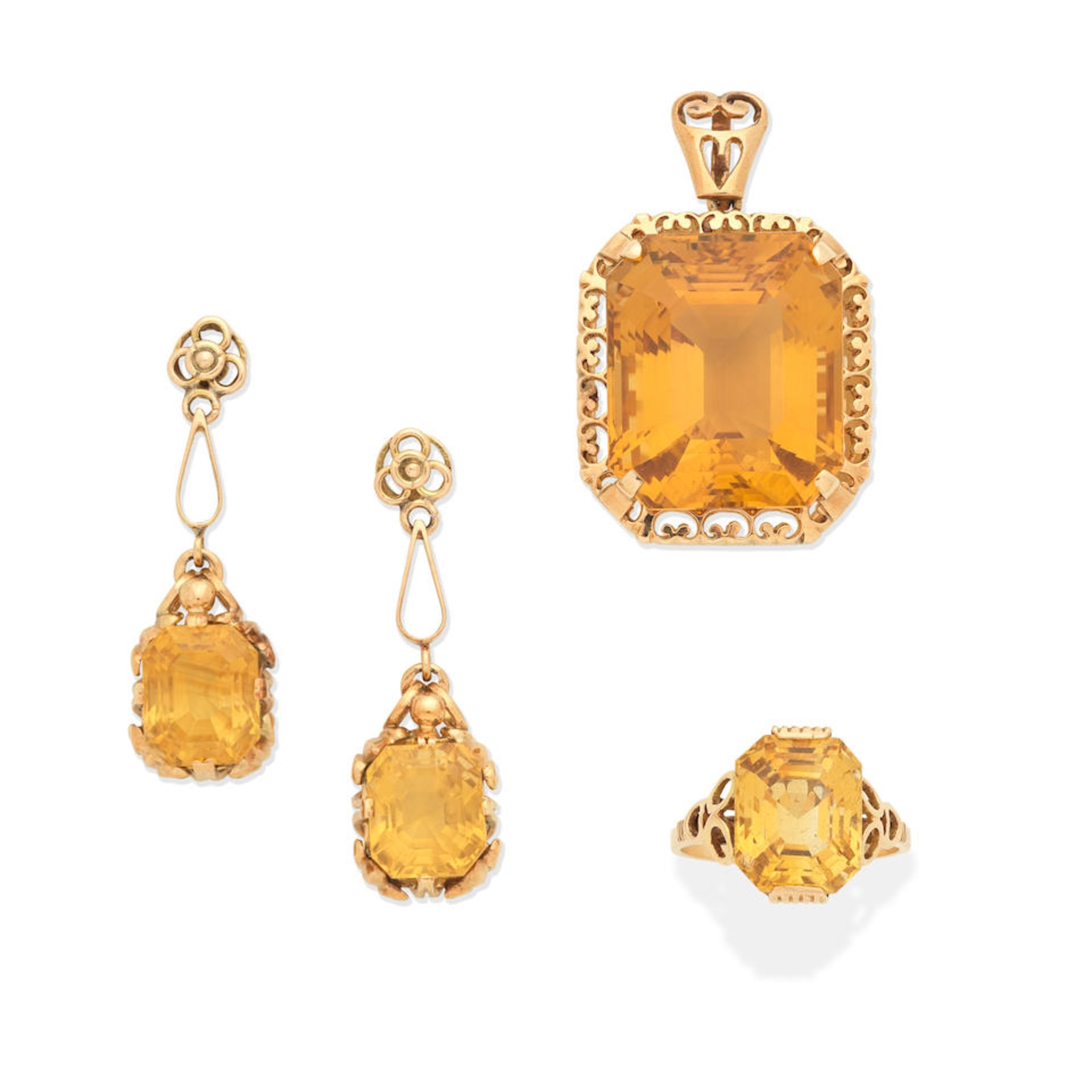 CITRINE PENDANT, RING AND EARRING SUITE, (3)