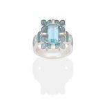 AQUAMARINE, DIAMOND AND ENAMEL RING