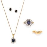 SAPPHIRE AND DIAMOND PENDANT/NECKLACE, RING AND EARRING SUITE (4)
