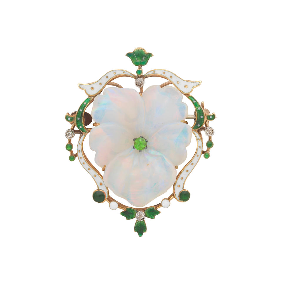 OPAL AND ENAMEL BROOCH,