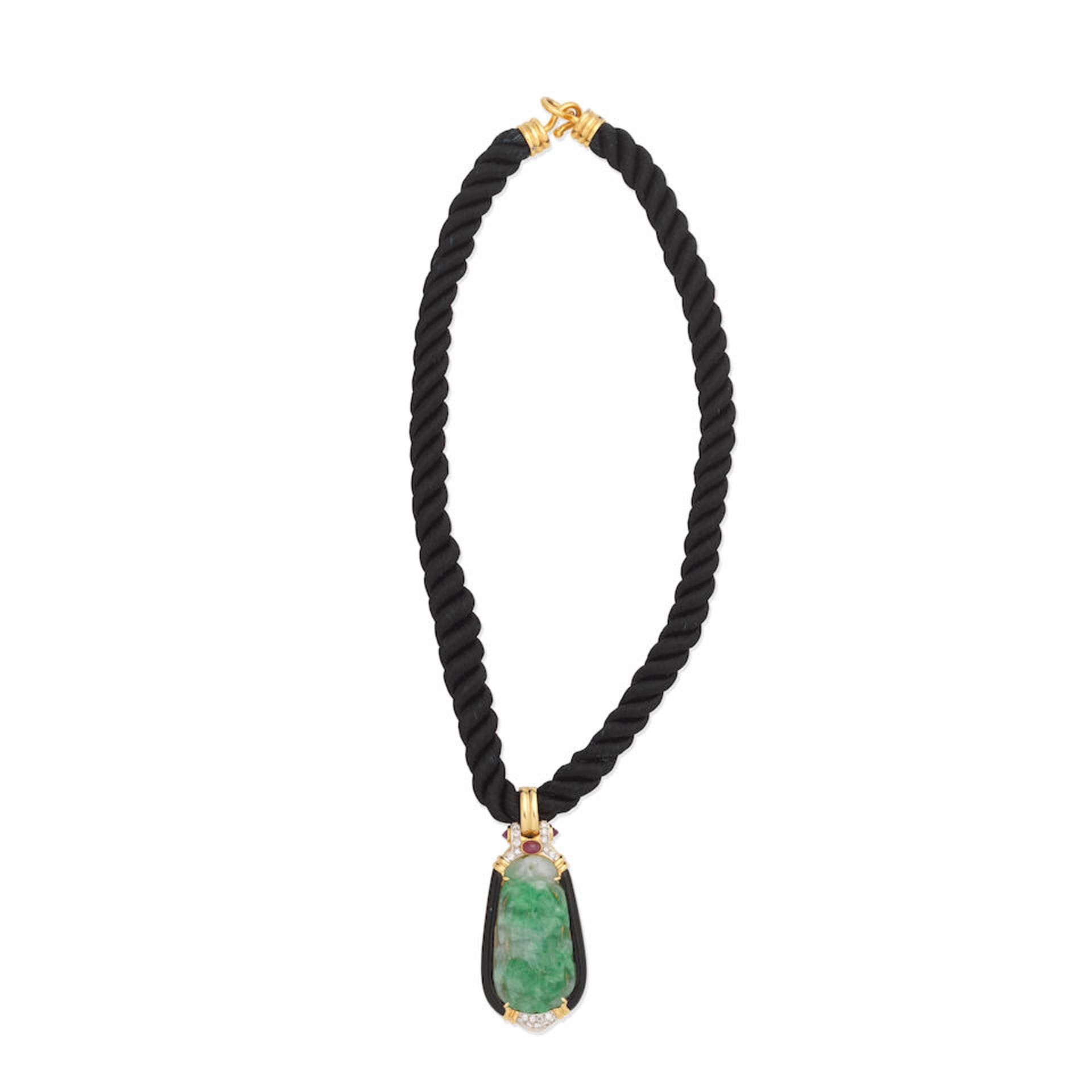 JADEITE, DIAMOND AND GEM-SET PENDANT; JADEITE AND ONYX NECKLACE - Image 3 of 5