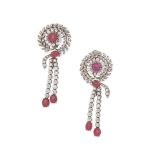 RUBY AND DIAMOND PENDENT EARCLIPS,