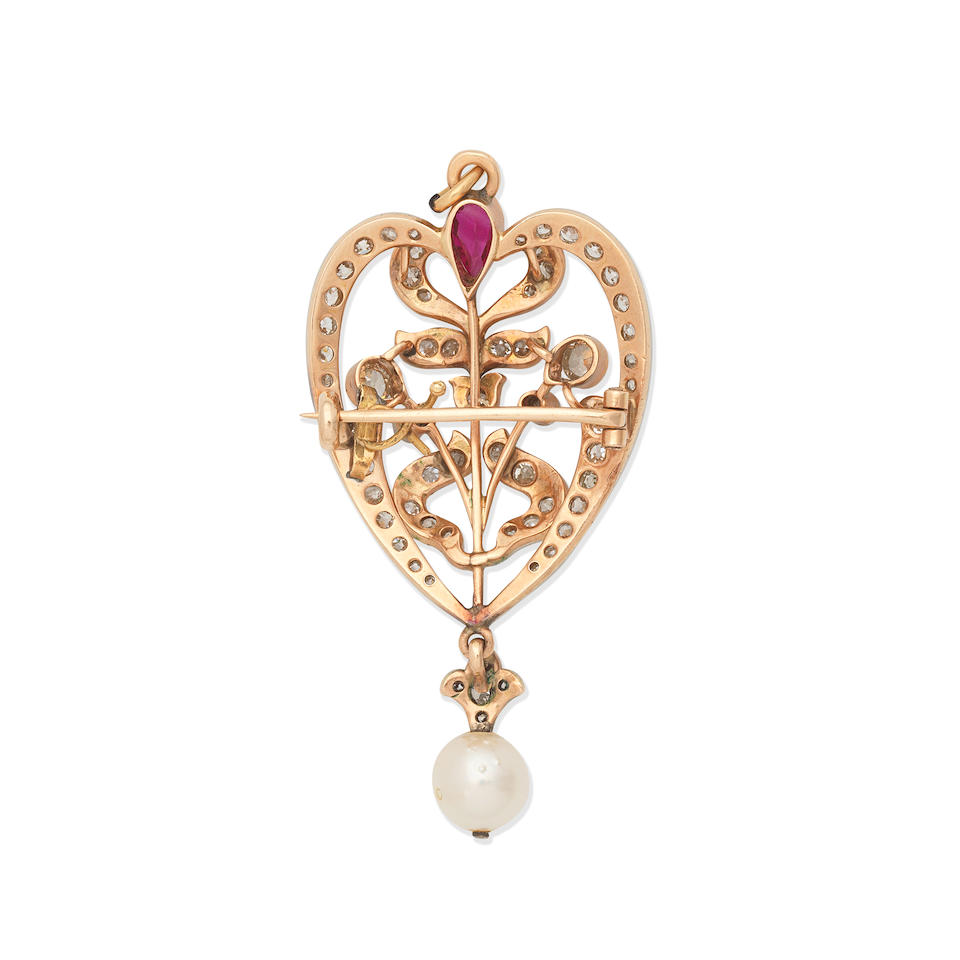 SYNTHETIC RUBY, DIAMOND AND CULTURED PEARL BROOCH/PENDANT - Image 3 of 3