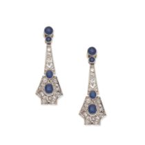 SAPPHIRE AND DIAMOND PENDENT EARCLIPS,