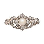 CULTURED PEARL AND DIAMOND BROOCH