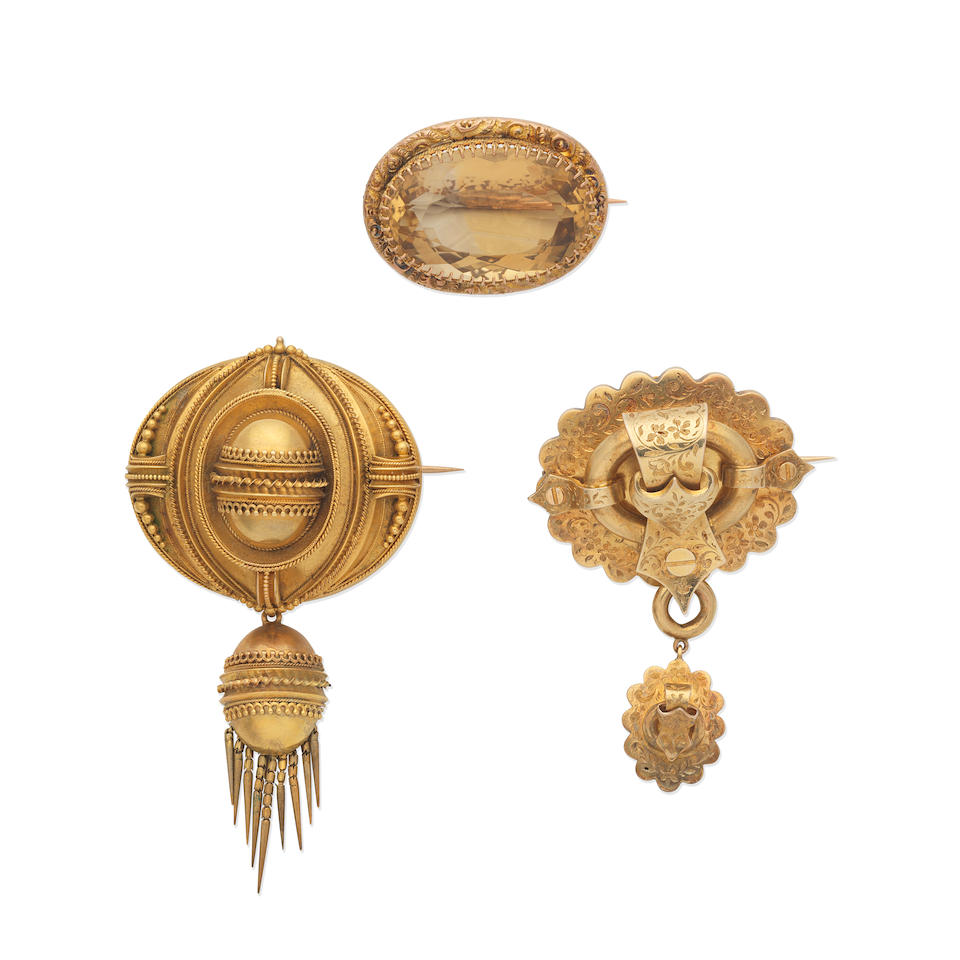 TWO GOLD BROOCHES AND CITRINE BROOCH, (3)