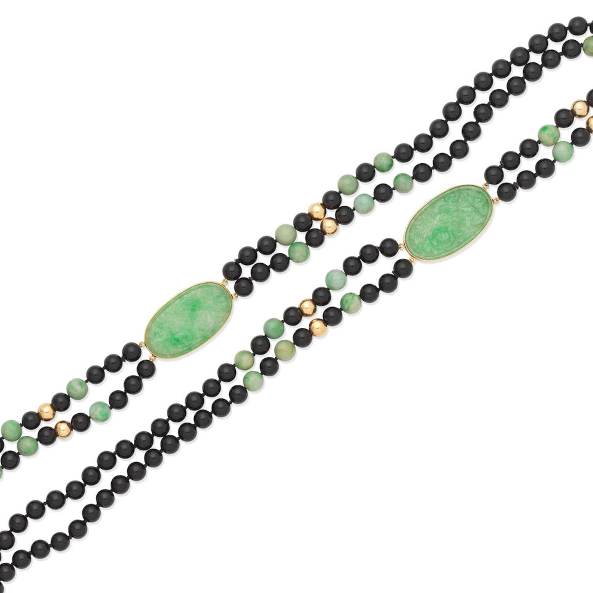 JADEITE, DIAMOND AND GEM-SET PENDANT; JADEITE AND ONYX NECKLACE - Image 4 of 5