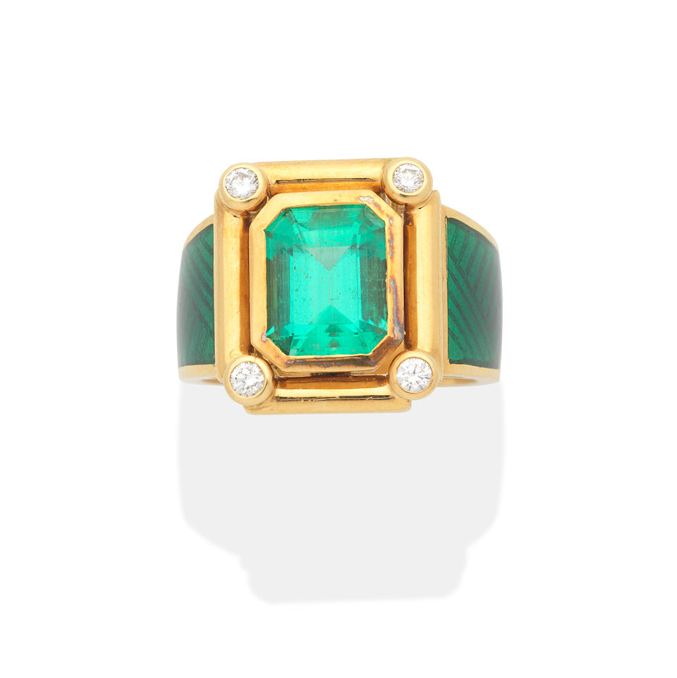 EMERALD, DIAMOND AND ENAMEL RING - Image 2 of 4