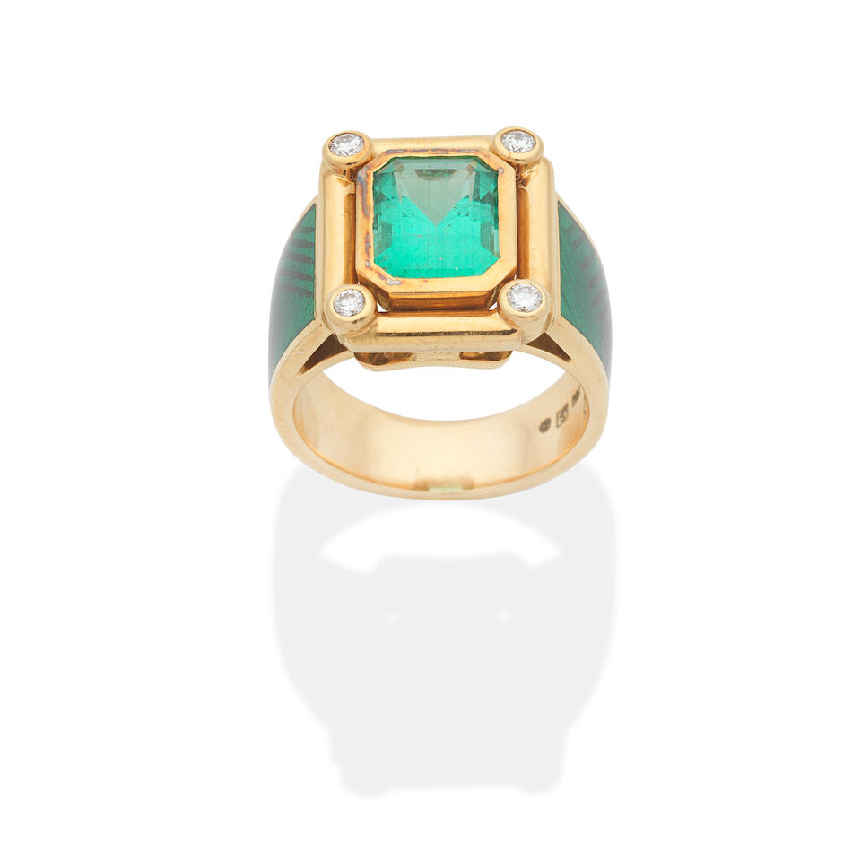 EMERALD, DIAMOND AND ENAMEL RING