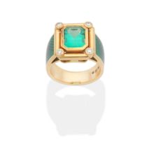 EMERALD, DIAMOND AND ENAMEL RING