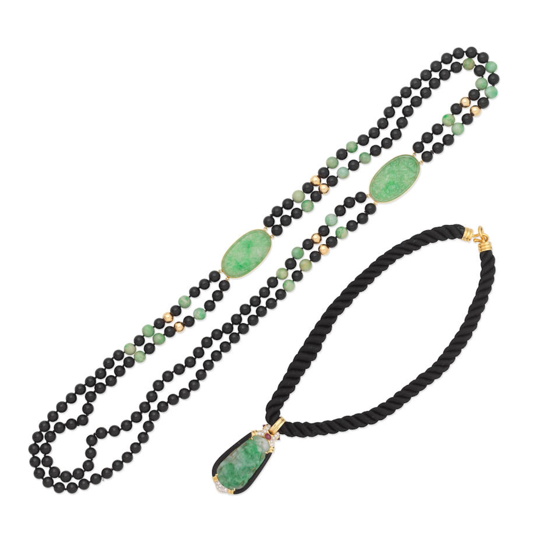 JADEITE, DIAMOND AND GEM-SET PENDANT; JADEITE AND ONYX NECKLACE