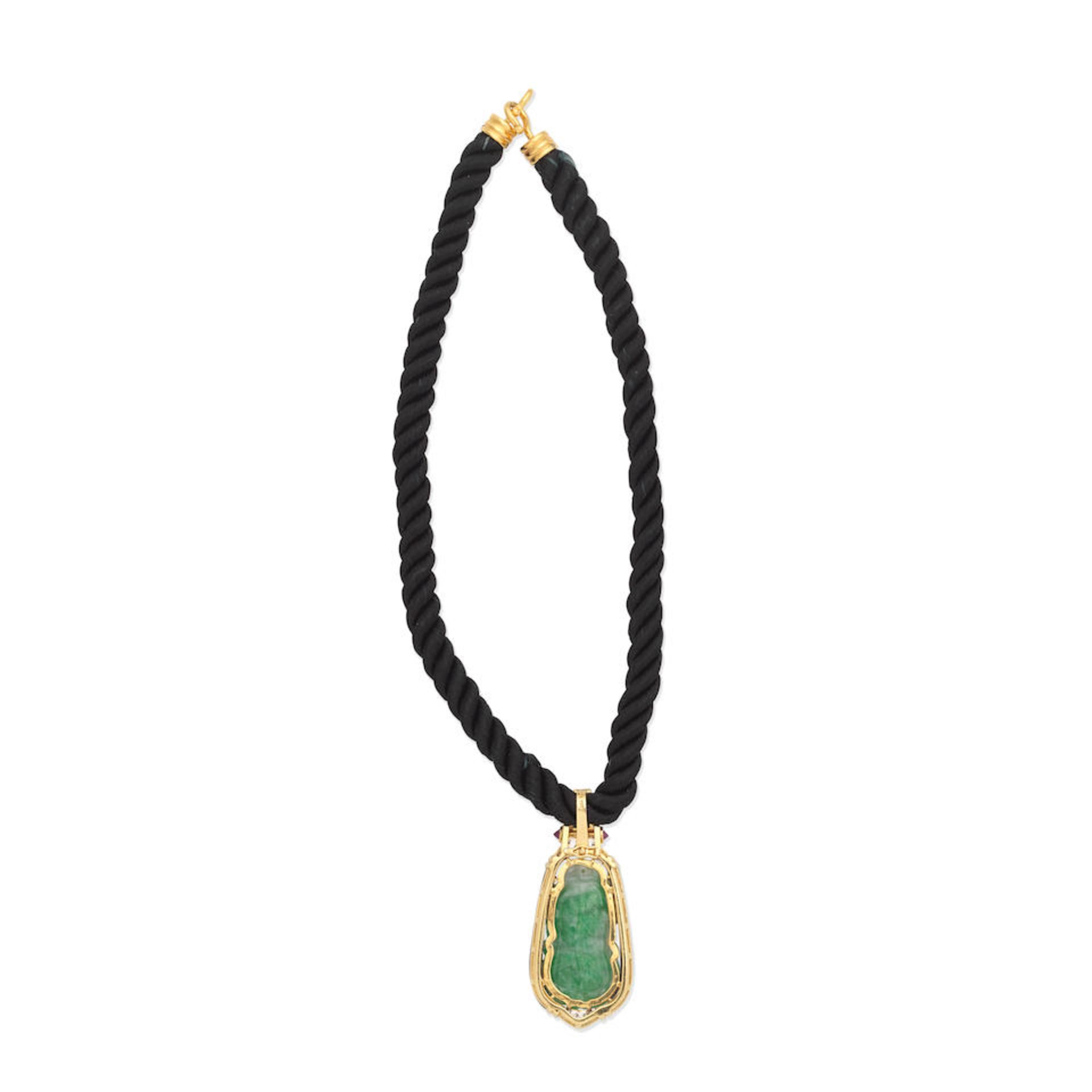 JADEITE, DIAMOND AND GEM-SET PENDANT; JADEITE AND ONYX NECKLACE - Image 2 of 5