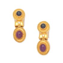 LALAOUNIS: RUBY, SAPPHIRE AND DIAMOND PENDENT EARCLIPS,