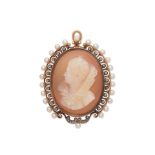 SEED PEARL, DIAMOND AND HARDSTONE CAMEO BROOCH/PENDANT