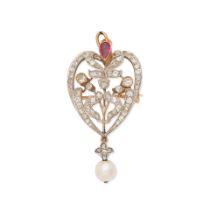 SYNTHETIC RUBY, DIAMOND AND CULTURED PEARL BROOCH/PENDANT