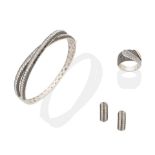 DIAMOND AND BLACK DIAMOND-SET BANGLE, RING AND EARRING SUITE, (3)