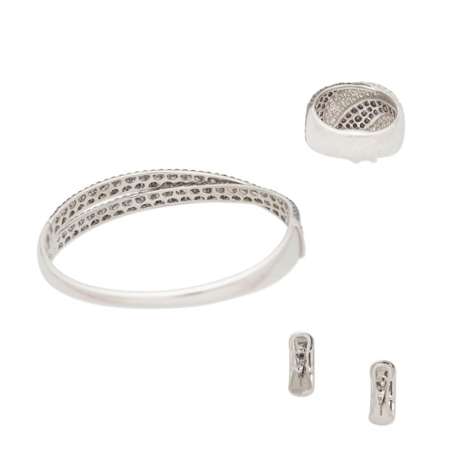 DIAMOND AND BLACK DIAMOND-SET BANGLE, RING AND EARRING SUITE, (3) - Image 2 of 3