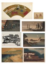 SEVEN WOODBLOCK PRINTS AND A FAN PAINTING