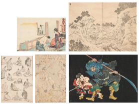 FIVE WOODBLOCK BOOK PAGES