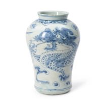 A SMALL BLUE AND WHITE FUNERARY 'DRAGON' JAR