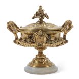 A NEOCLASSICAL STYLE GILT METAL COVERED TWO-HANDLED URNLate 19th/20th century