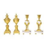 A PAIR OF LOUIS XVI STYLE GILT BRONZE CASSOLETTES AND A PAIR OF GILT BRONZE MOUNTED MARBLE CANDL...