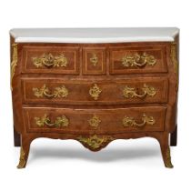 A LOUIS XV STYLE MARBLE TOP GILT BRONZE MOUNTED INLAID MAHOGANY COMMODE