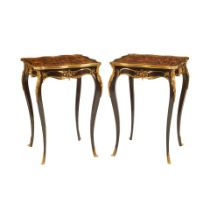 A PAIR OF CONTINENTAL ROCOCO STYLE GILT BRONZE MOUNTED PARQUETRY AND EBONIZED SIDE TABLES