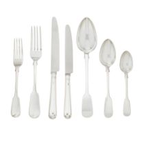 AN ASSEMBLED ENGLISH SILVER FLATWARE SERVICE FOR TWELVE by various makers, London and Sheffield,...