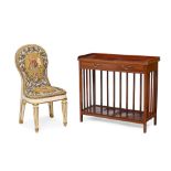 A WILLIAM IV STYLE PAINTED AND PARCEL GILTWOOD SIDE CHAIR AND A GEORGE III STYLE INLAID SATINWOO...
