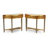 A PAIR OF NEOCLASSICAL STYLE MARBLE TOP GILT AND PAINTED WOOD CONSOLES