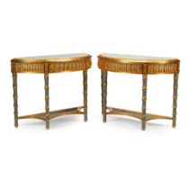 A PAIR OF NEOCLASSICAL STYLE MARBLE TOP GILT AND PAINTED WOOD CONSOLES