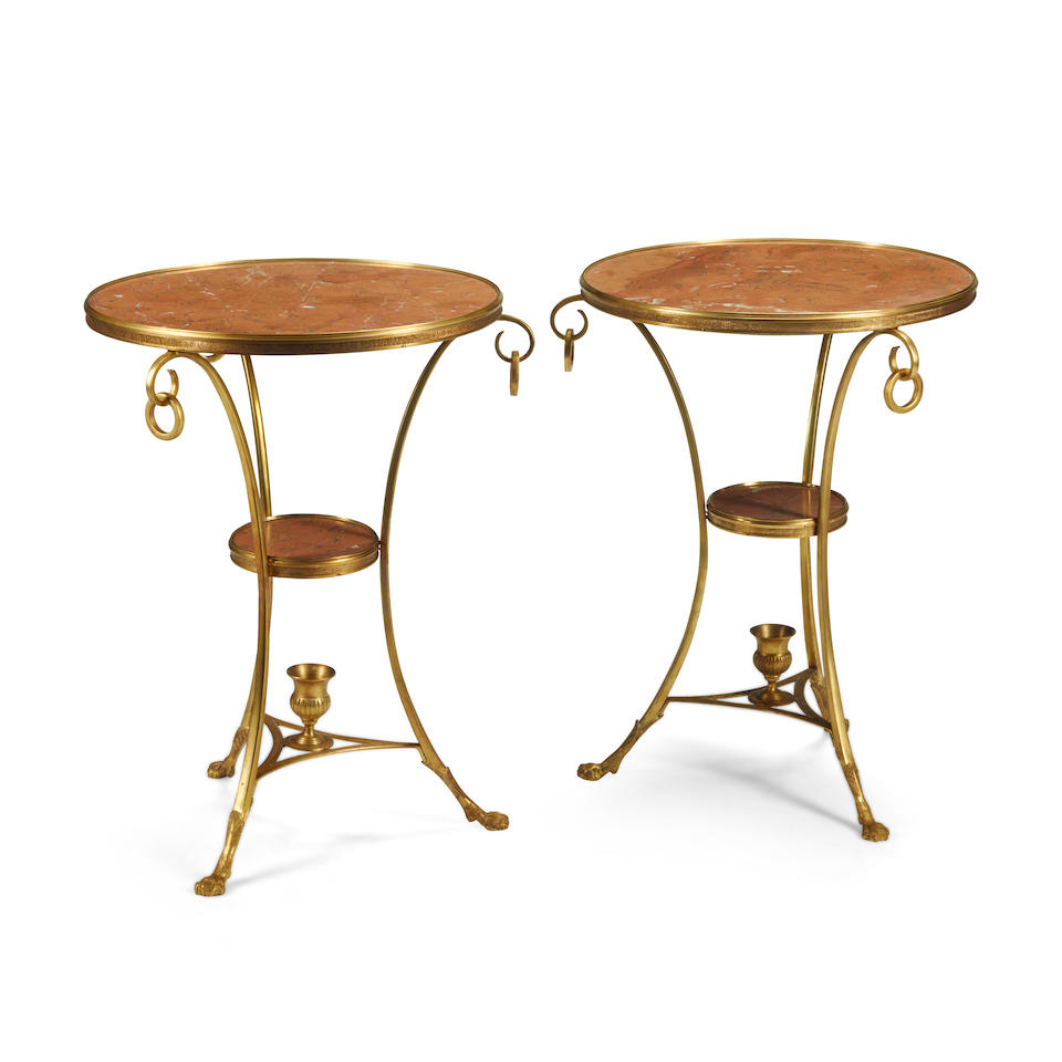 A PAIR OF NEOCLASSICAL STYLE MARBLE AND GILT BRONZE GUERIDONS