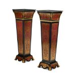 A PAIR OF LOUIS XV STYLE MARBLE TOP BRASS AND FAUX TORTOISESHELL PEDESTALS