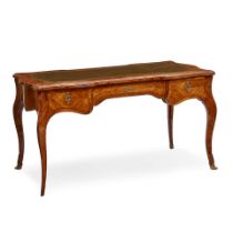 A LOUIS XV STYLE GILT TOOLED LEATHER INSET PARQUETRY KINGWOOD BUREAU PLAT