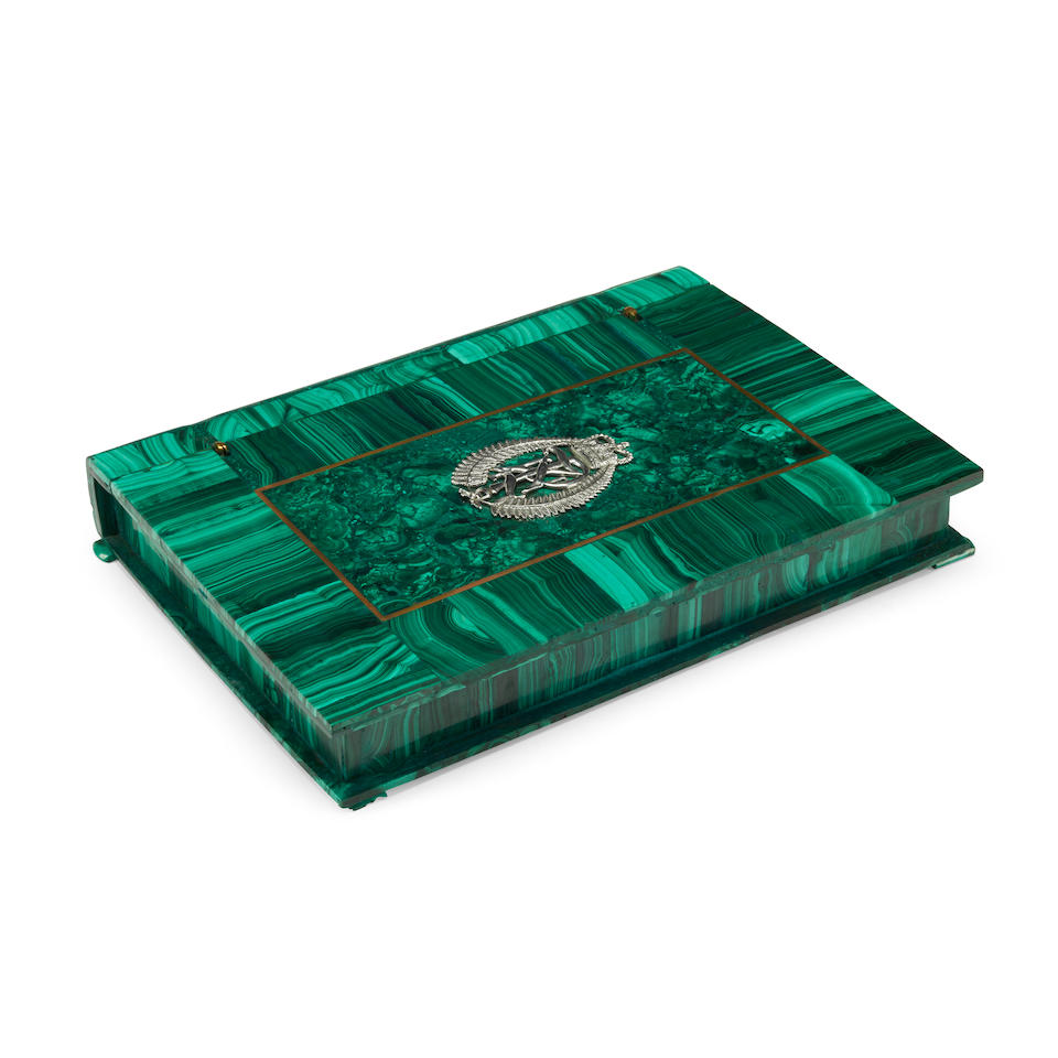 A MALACHITE VENEERED BOOK-FORM TABLE BOX