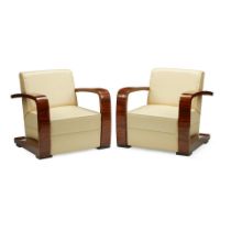 A PAIR OF ART DECO STYLE EXOTIC WOOD ARMCHAIRS