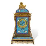 A FRENCH CHINOISERIE STYLE PATINATED AND GILT BRONZE AND CLOISONNÉ CLOCK
