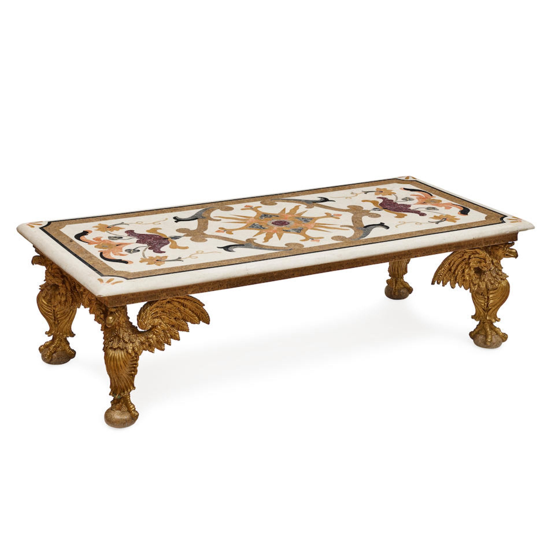 A PIETRA DURA TOP GILTWOOD LOW COFFEE TABLE