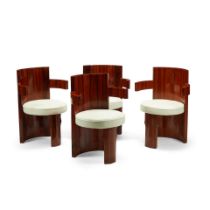 A SET OF FOUR ART DECO STYLE EXOTIC WOOD ARMCHAIRS